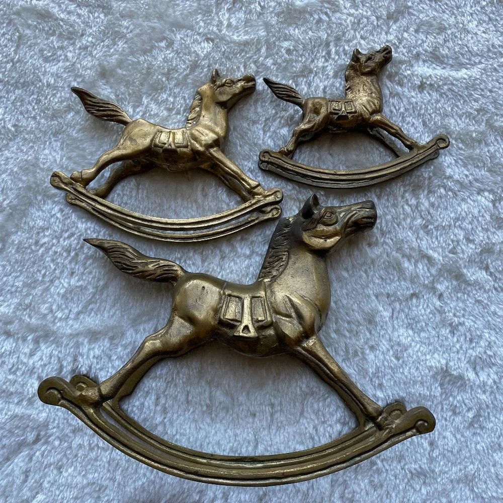 Trio Of Vintage Mid Century Solid Brass Rocking Horses Holiday Decor - Picture 14 of 15